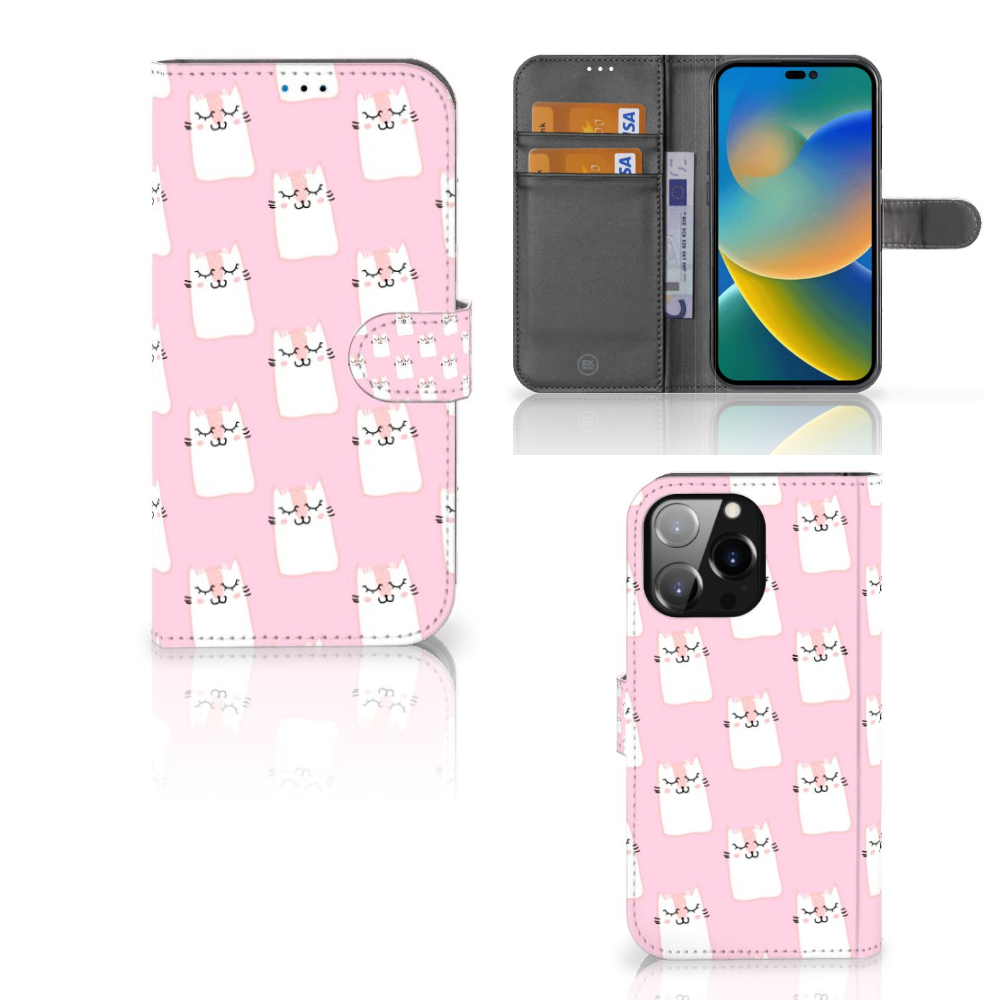 iPhone 14 Pro Max Telefoonhoesje met Pasjes Sleeping Cats design, schattige roze kattenhoes đą