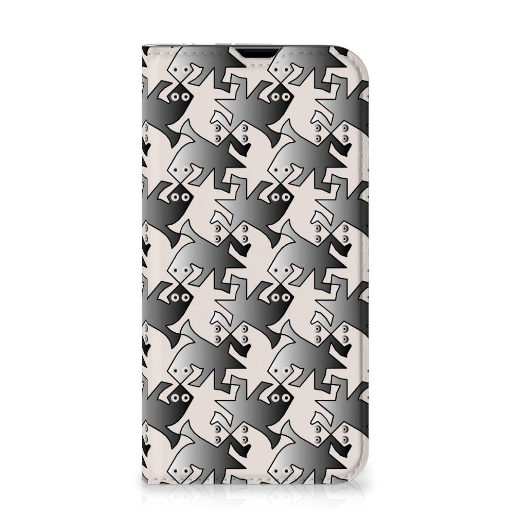 iPhone 13 Pro Hoesje maken Salamander Grey met een uniek patroon van salamanders op een grijze achtergrond.