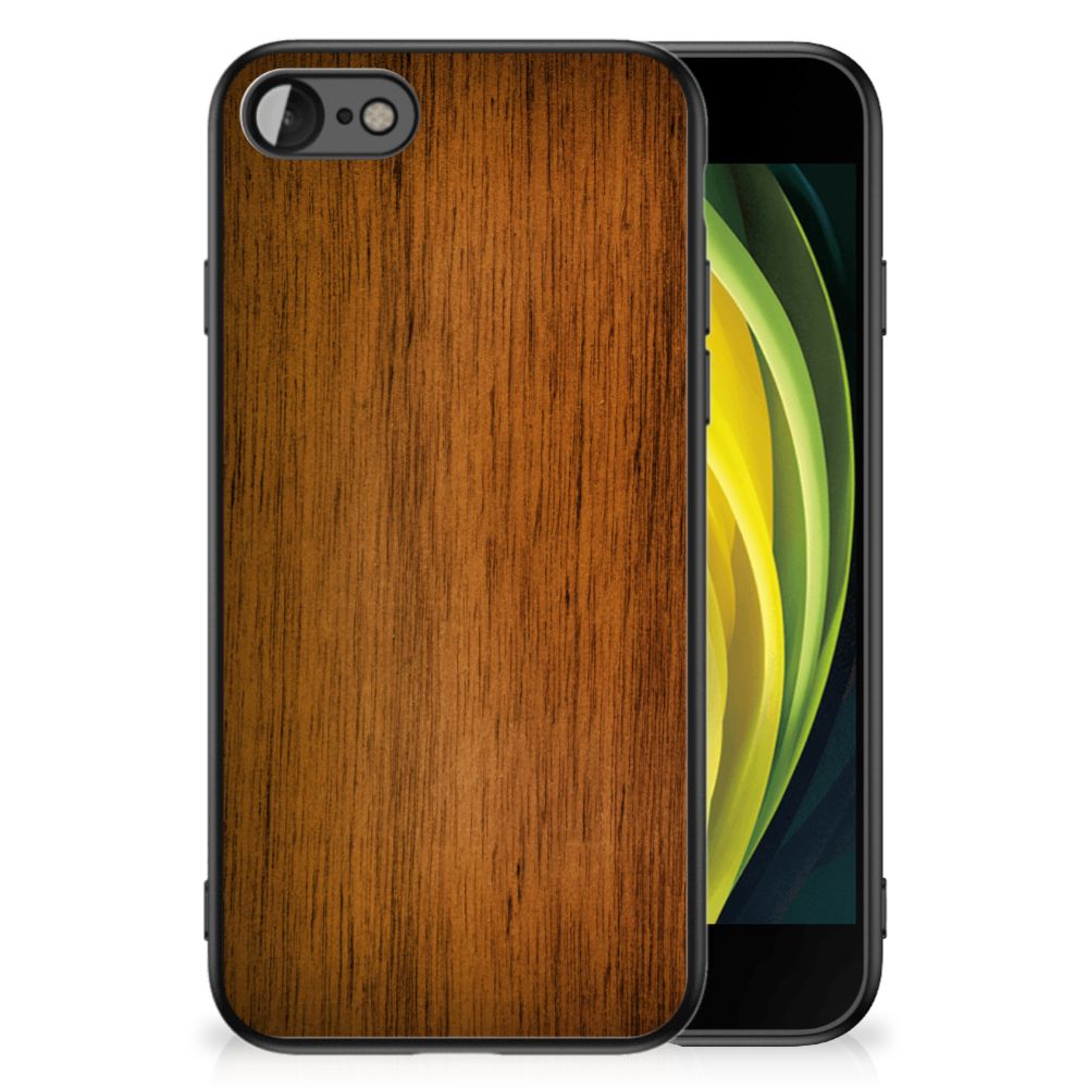 iPhone SE 2022 | SE 2020 | 7/8 Houten Print Telefoonhoesje Donker Hout met een houten afwerking aan de achterkant.