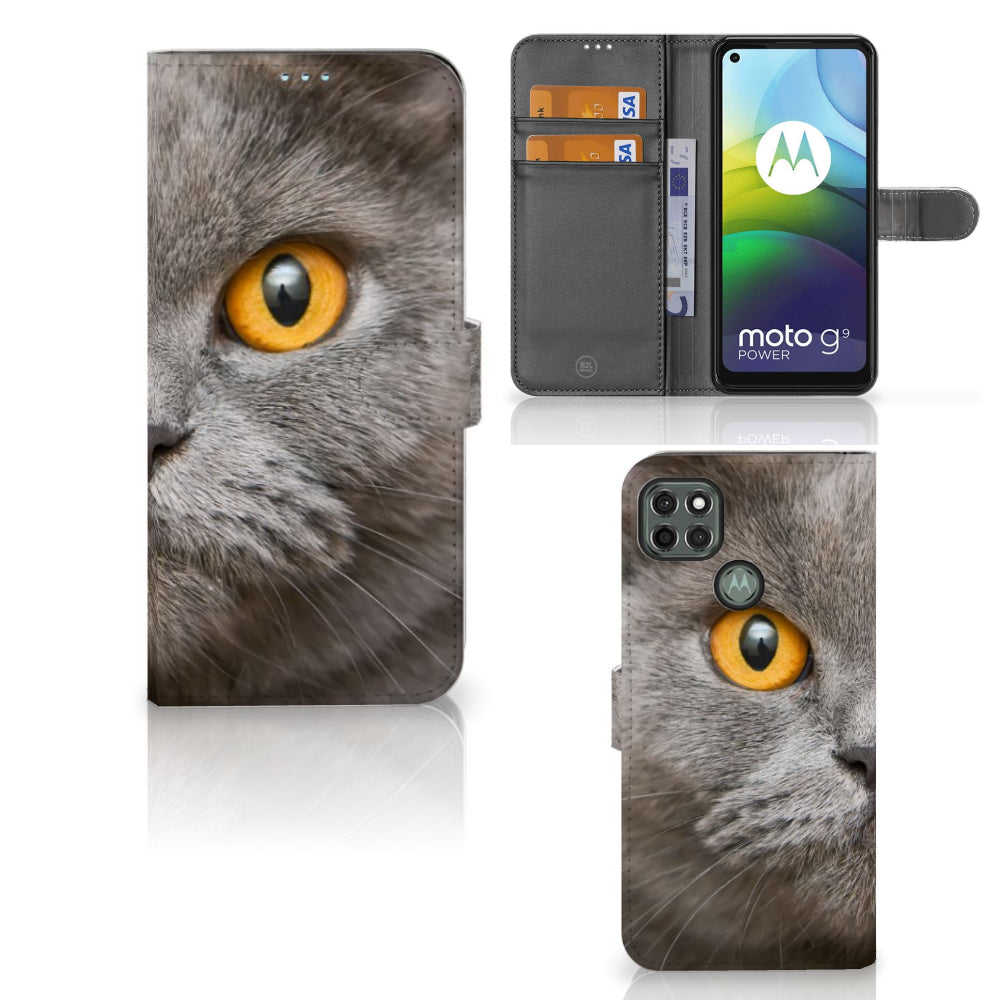 Telefoonhoesje met Pasjes Motorola Moto G9 Power Britse Korthaar, met indrukwekkende grijze kat en gele ogen.