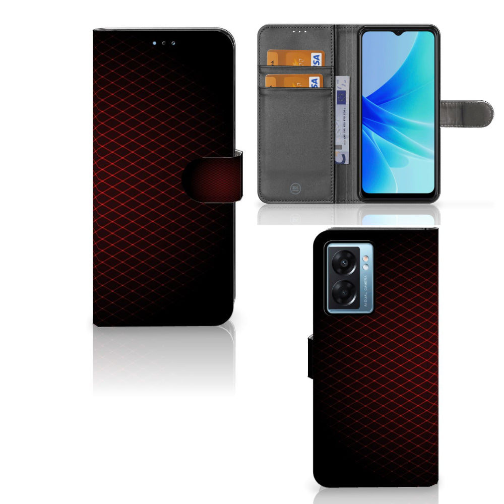 OPPO A77 5G | A57 5G Telefoon Hoesje Geruit Rood met ruimte voor 3 pasjes in minimalistisch design.