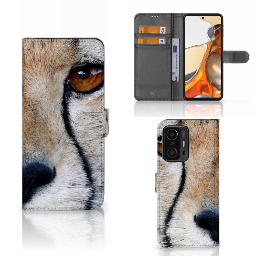 Xiaomi 11T | 11T Pro Telefoonhoesje met Pasjes Cheetah met close-up van cheeta ogen en pasjes ruimte.