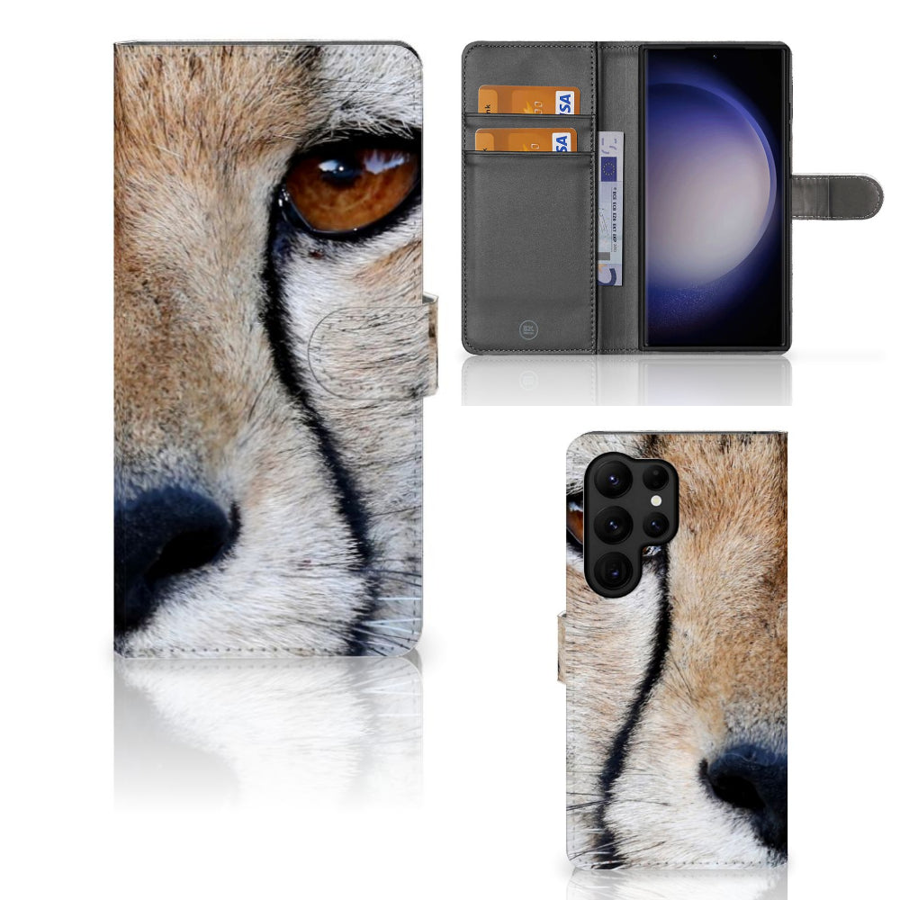 Samsung Galaxy S23 Ultra Telefoonhoesje met Pasjes Cheetah met close-up van cheeta oog en pasjesruimte.