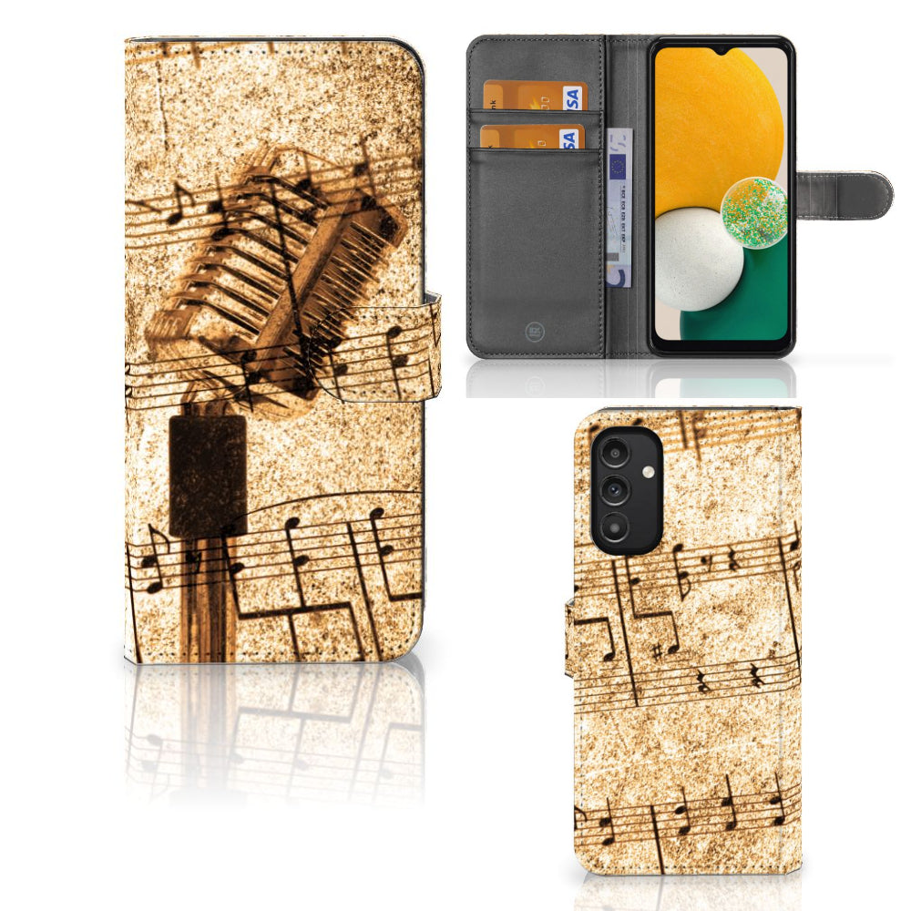 Samsung Galaxy A14 4G Telefoonhoesje met foto Bladmuziek met muzikale noten en microfoon ontwerp