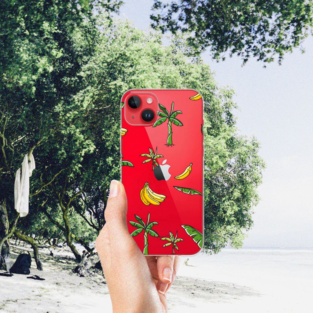 iPhone 14 Plus TPU Case Banana Tree met een vrolijk design van bananen en palmbomen op een rode achtergrond đ´đ