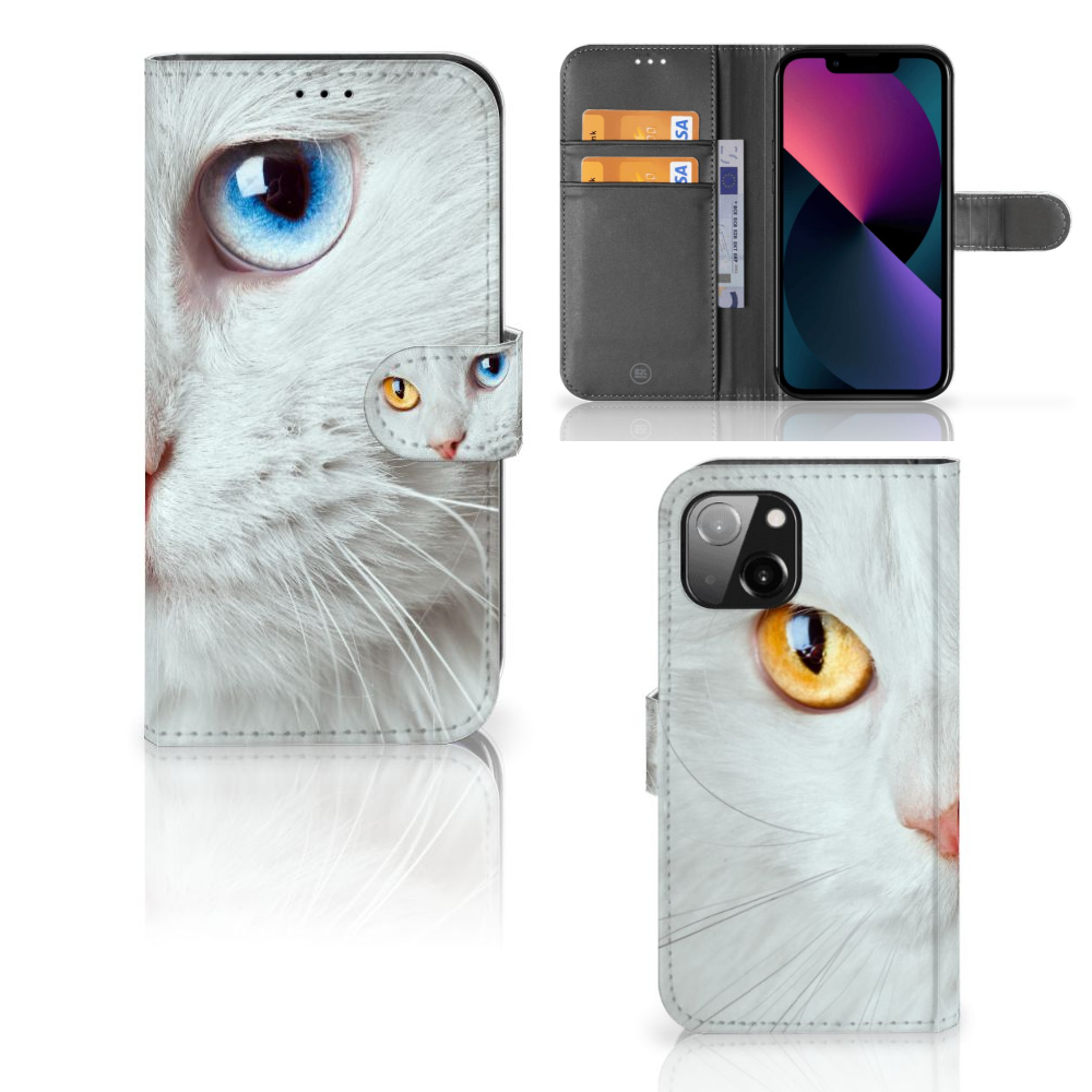 Apple iPhone 13 Telefoonhoesje met Pasjes Witte Kat