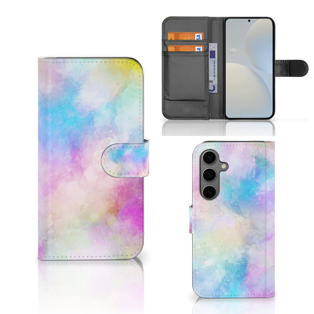 Hoesje Samsung Galaxy S25 Watercolor Light met pastelkleuren en pasjeshouder, uniek design.
