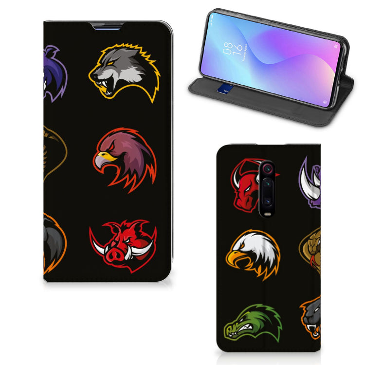 Xiaomi Redmi K20 Pro Magnet Case Cartoon met kleurrijke cartoons van dierenkoppen op een zwarte achtergrond.