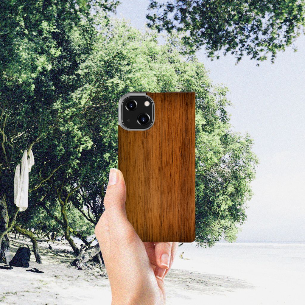 iPhone 14 Book Wallet Case Donker Hout - B2C Telecom