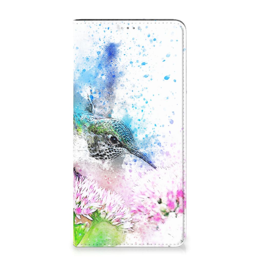 Bookcase Samsung Galaxy A14 4G Vogel met kleurrijke vogelprint en bloemen, artistiek ontwerp voor smartphonebescherming.