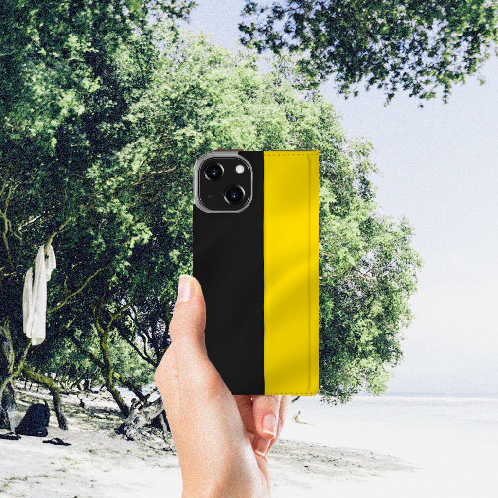 iPhone 14 Standcase Belgische Vlag met zwart en geel, perfect voor Belgische fans đ§đĒ