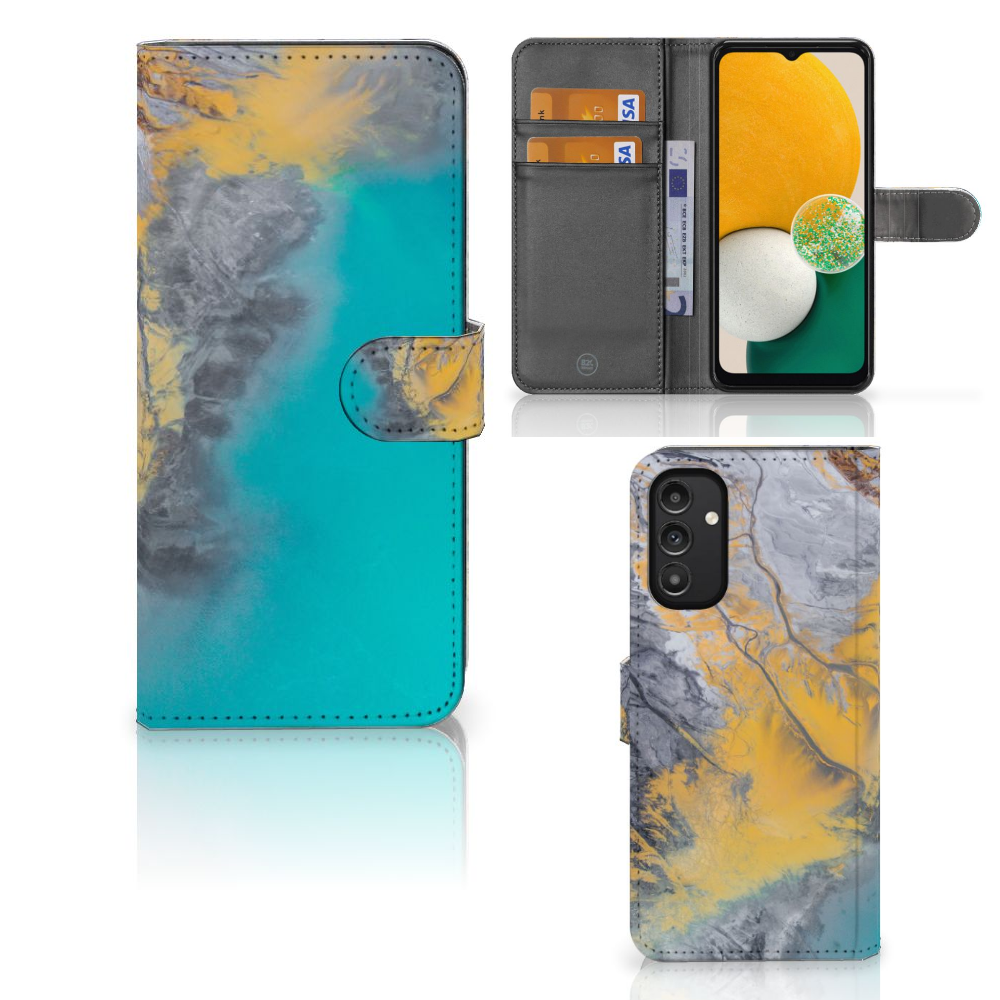 Samsung Galaxy A14 4G Bookcase Marble Blue Gold with interior card slots and vibrant marble design.