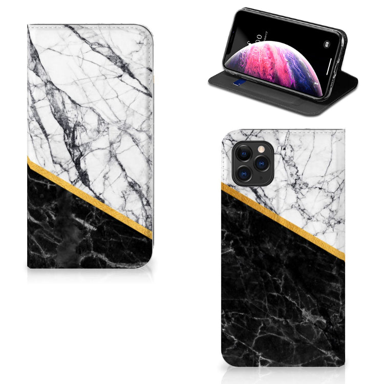 Apple iPhone 11 Pro Max Standcase Marmer Wit Zwart - Origineel Cadeau Man