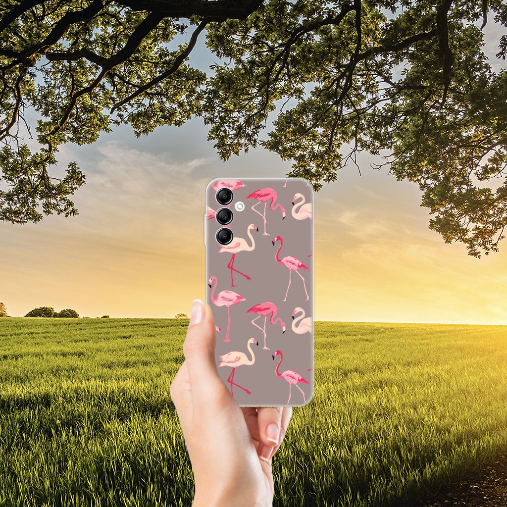Samsung Galaxy A14 5G TPU Hoesje Flamingo met roze flamingo's in een natuurlijke omgeving.