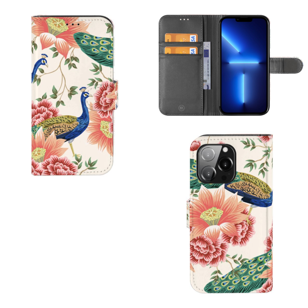 Telefoonhoesje met Pasjes voor iPhone 13 Pro Pink Peacock met bloemen en pauwen design đ¸đĻ.