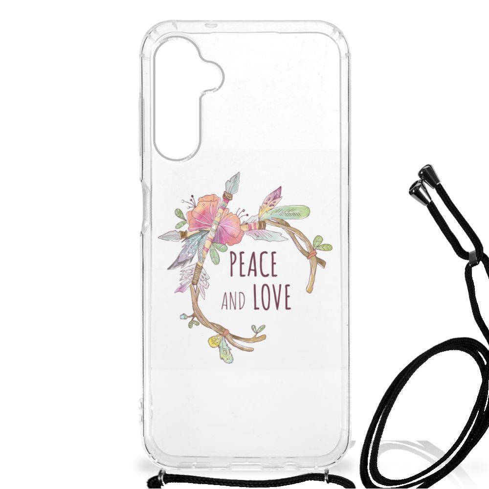 Samsung Galaxy A14 5G Stevig Bumper Hoesje Boho Text met bloemenillustratie 'Peace and Love'