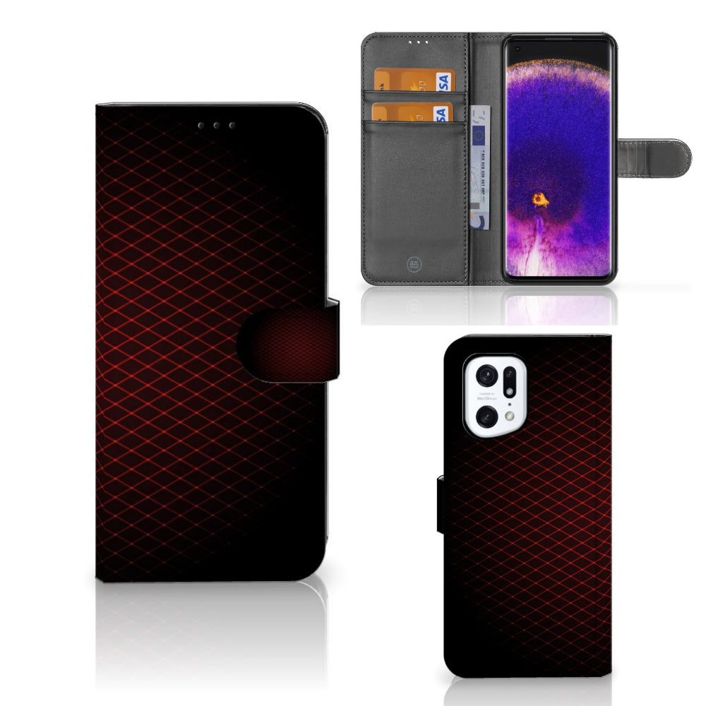 OPPO Find X5 Pro Telefoon Hoesje Geruit Rood met ruimte voor 3 pasjes en minimalistisch design