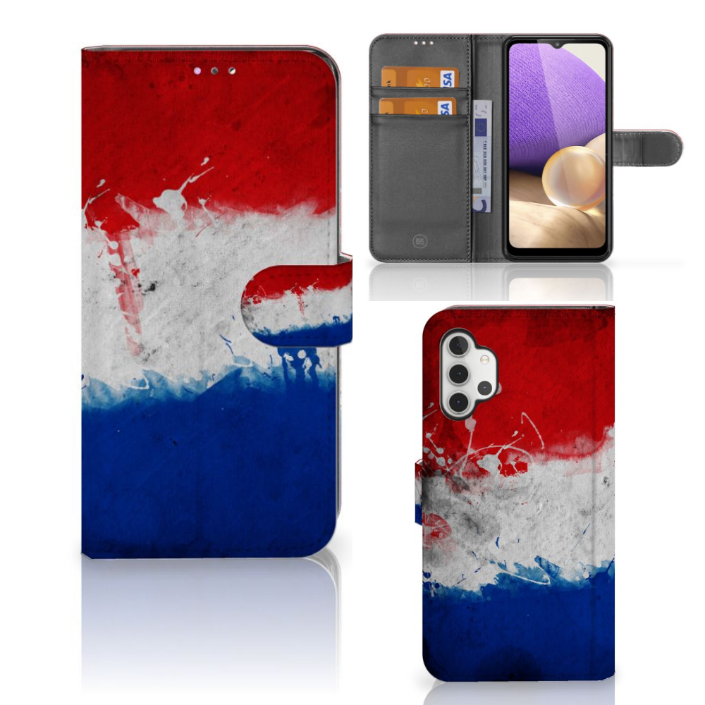 Samsung Galaxy A32 4G Bookstyle Case Nederland met artistiek ontwerp van de Nederlandse vlag.