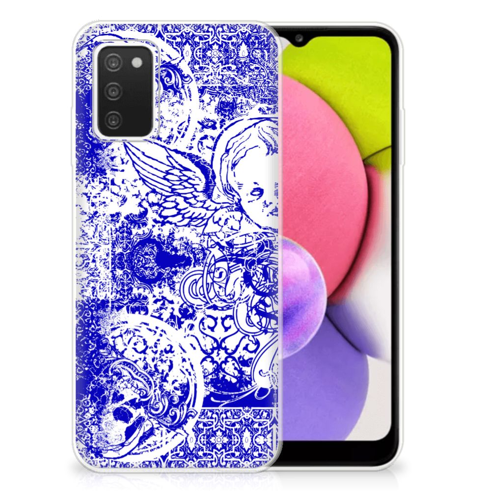 Silicone Back Case Samsung Galaxy A03S Angel Skull Blauw