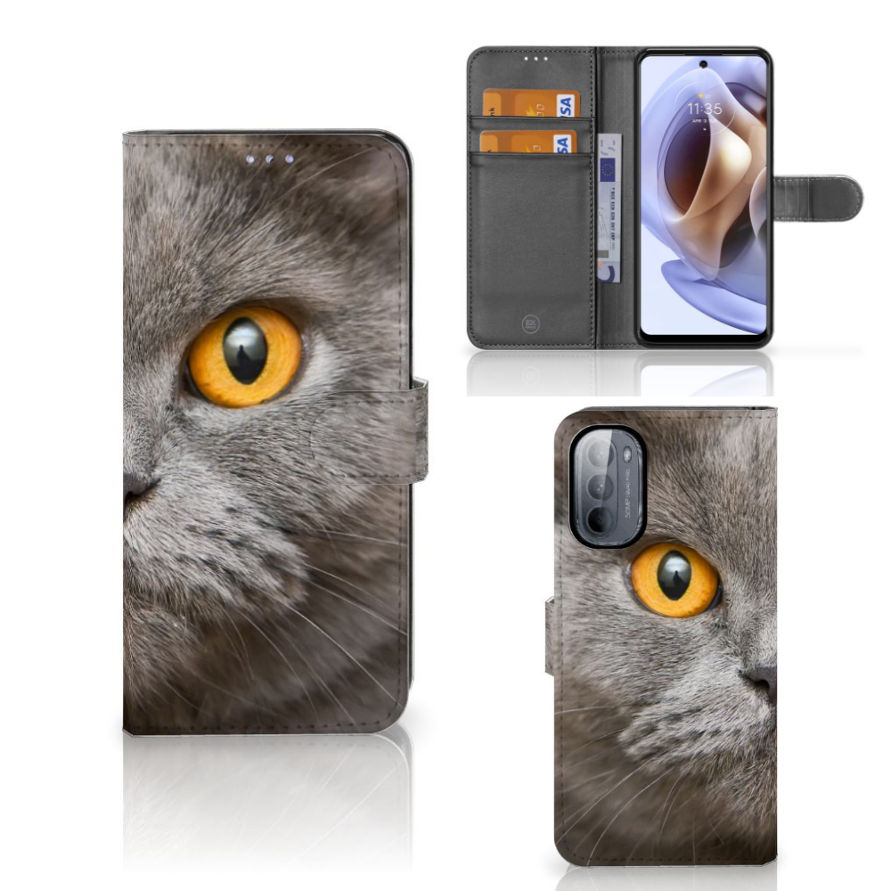 Telefoonhoesje met Pasjes Motorola Moto G31 | G41 Britse Korthaar met afbeelding van een Britse korthaar kat.