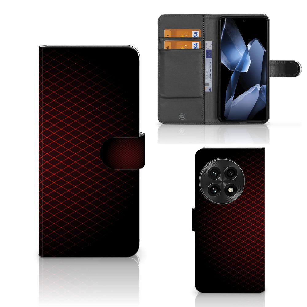 OnePlus 13 Telefoon Hoesje Geruit Rood met ruimte voor 3 pasjes, minimalistisch en modern design.