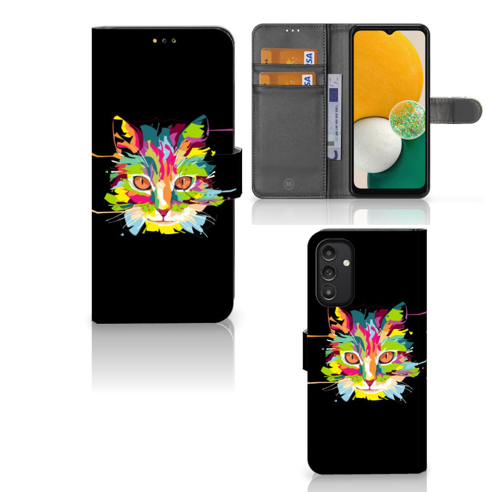 Samsung Galaxy A14 5G Leuk Hoesje Cat Color met kleurrijke kat op zwarte achtergrond