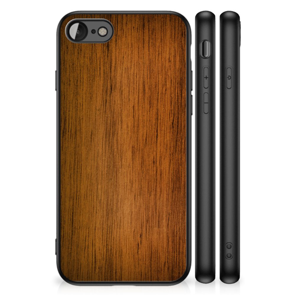 iPhone SE 2022 | SE 2020 | 7/8 Houten Print Telefoonhoesje Donker Hout, houten achterkant, zwart rand ontwerp