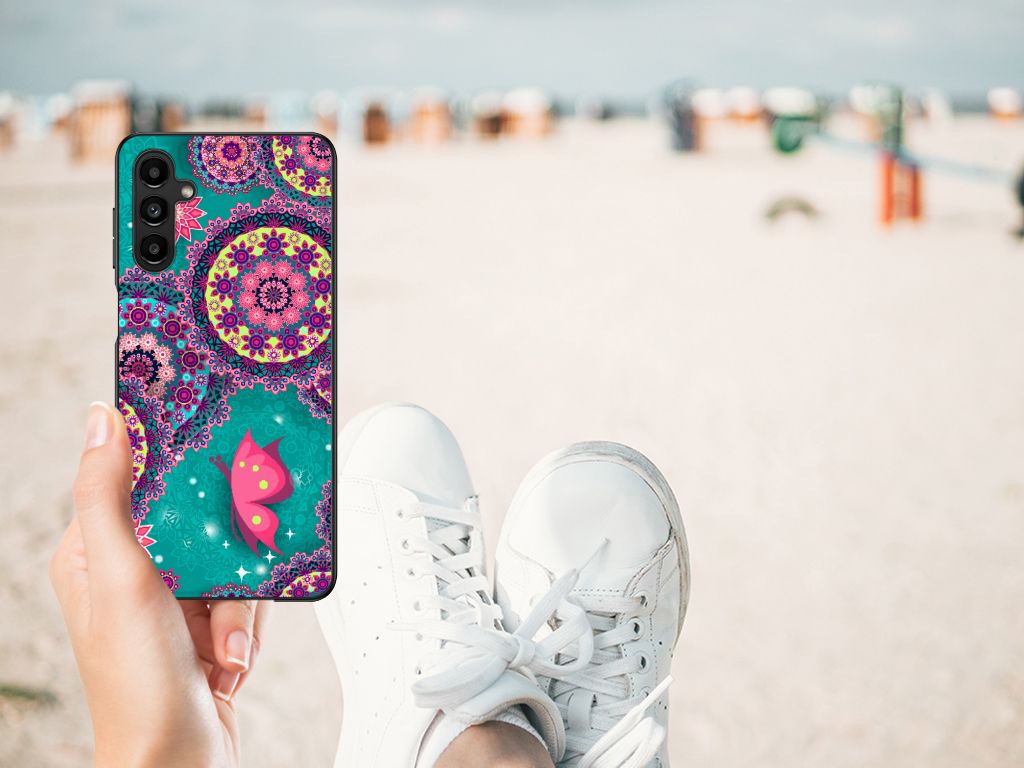 Samsung Galaxy A14 5G Leuk Telefoonhoesje Cirkels en Vlinders met kleurrijk design op het strand