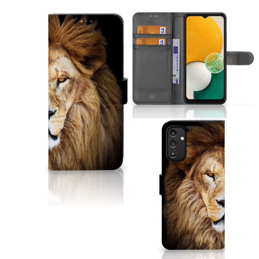 Samsung Galaxy A14 5G Telefoonhoesje met Pasjes Leeuw met opvallende leeuwenprint en handige pasjeshouders.