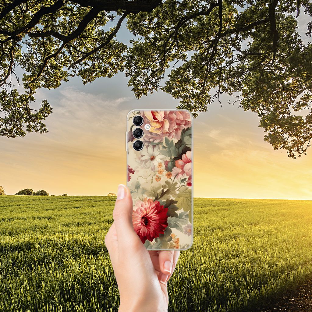 TPU Case voor Samsung Galaxy A14 5G Bloemen in hand met bloeiende bloemenprint tegen een zonsondergang.