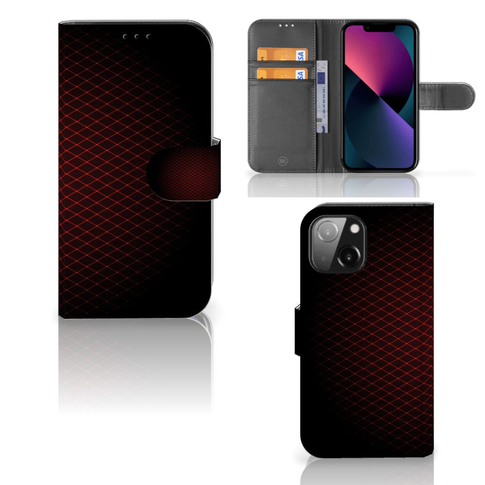 iPhone 13 Mini Telefoon Hoesje Geruit Rood met ruimte voor 3 pasjes en minimalistisch design.