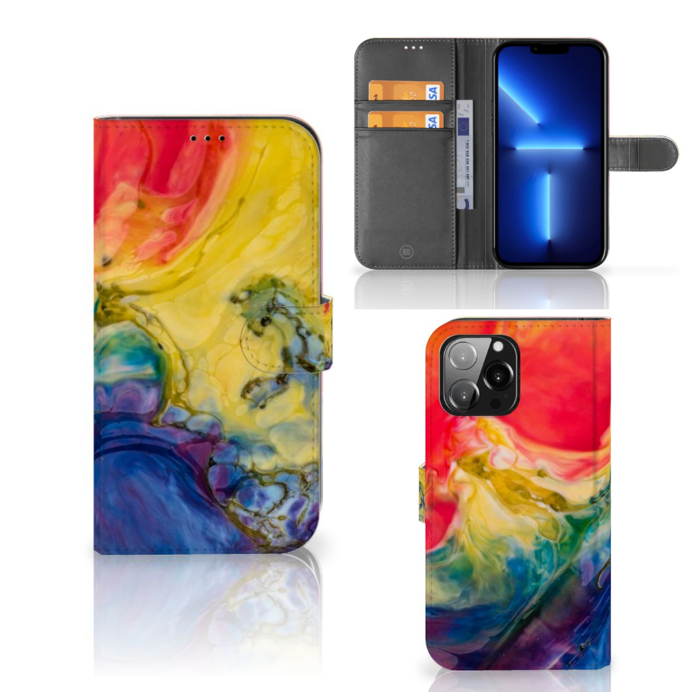 Hoesje iPhone 13 Pro Max Watercolor Dark met kleurrijk design en vakjes voor pasjes.