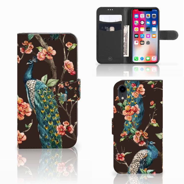 Apple iPhone Xr Telefoonhoesje met Pasjes Pauw met Bloemen