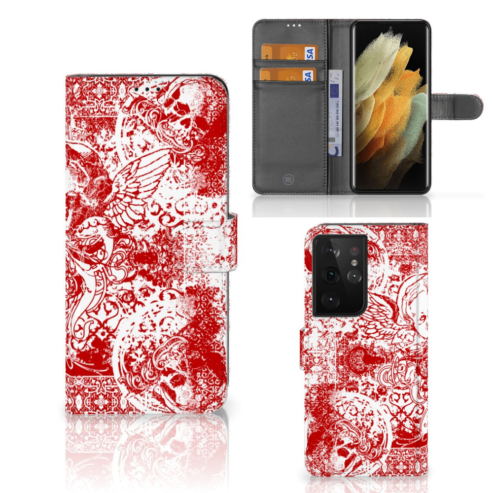 Telefoonhoesje met Naam Samsung Galaxy S21 Ultra Angel Skull Rood