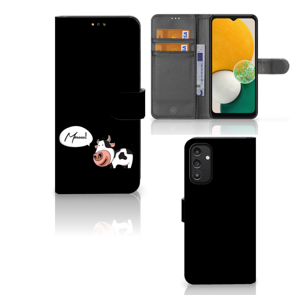 Samsung Galaxy A14 5G Leuk Hoesje Cow met uniek koeienontwerp en pasjeshouder.