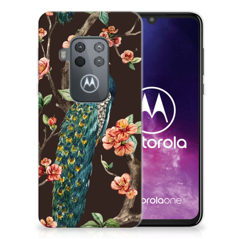 Motorola One Zoom TPU Hoesje Pauw met Bloemen
