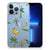 Apple iPhone 13 Pro TPU Case Banana Tree met vrolijke bananen en palmbomen op een blauwe achtergrond.