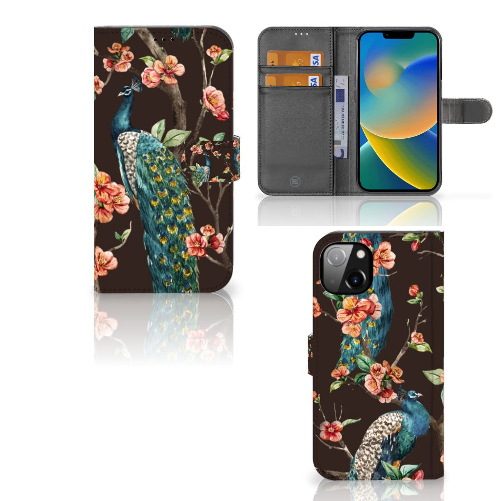iPhone 14 Plus Telefoonhoesje met Pasjes Pauw met Bloemen