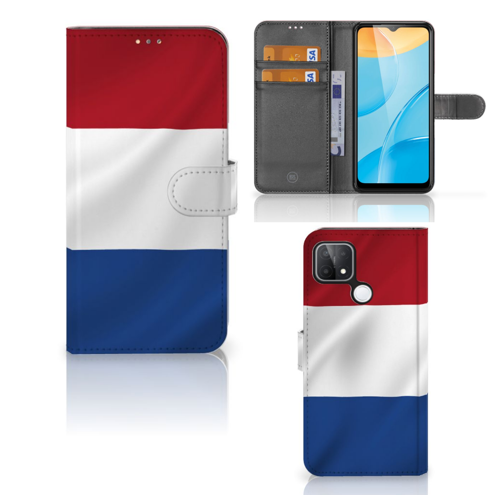 OPPO A15 Bookstyle Case Nederlandse Vlag met pasjes en artistiek ontwerp van Nederlandse vlag.