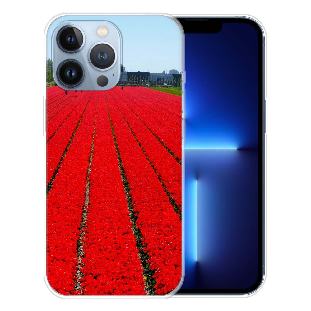 Apple iPhone 13 Pro Fotohoesje Ontwerpen met een afbeelding van een bloemenveld in heldere kleuren.