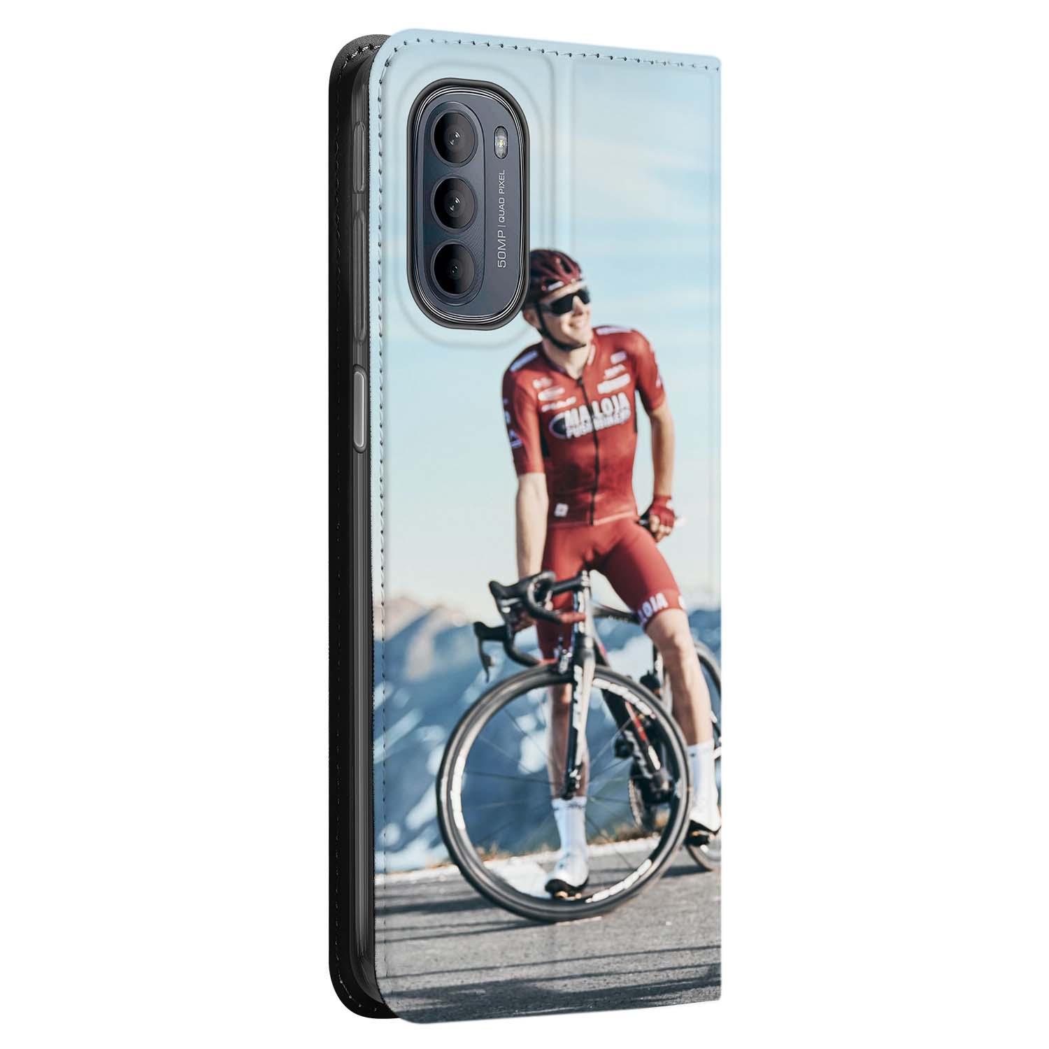 Motorola Moto G31 | G41 Book Cover Hoesje Maken met Foto met een wielrenner op de voorkant.