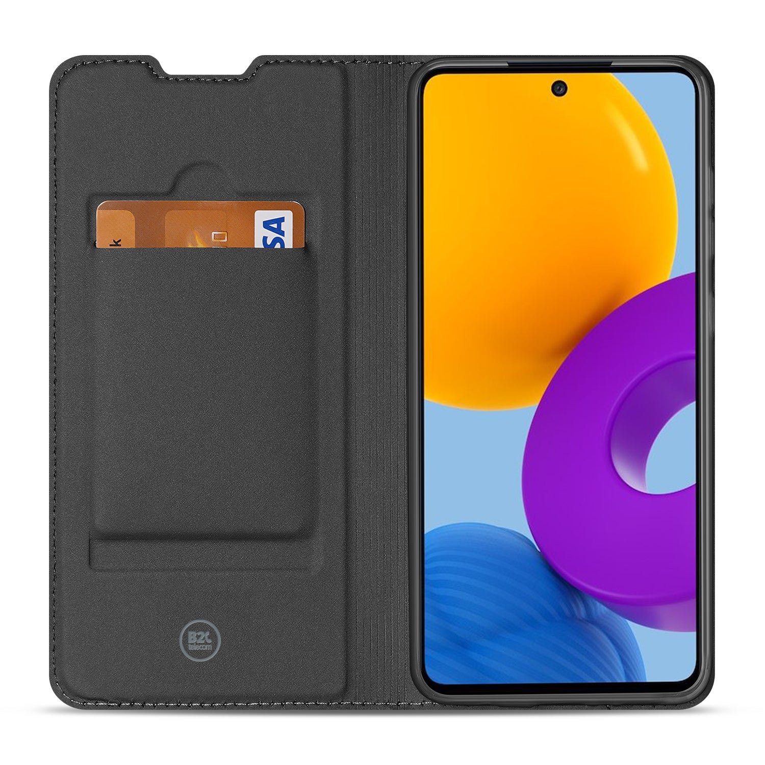 Samsung Galaxy M52 Book Cover Hoesje Maken met Foto - zwarte hoes met plek voor creditcard en kleurrijk scherm