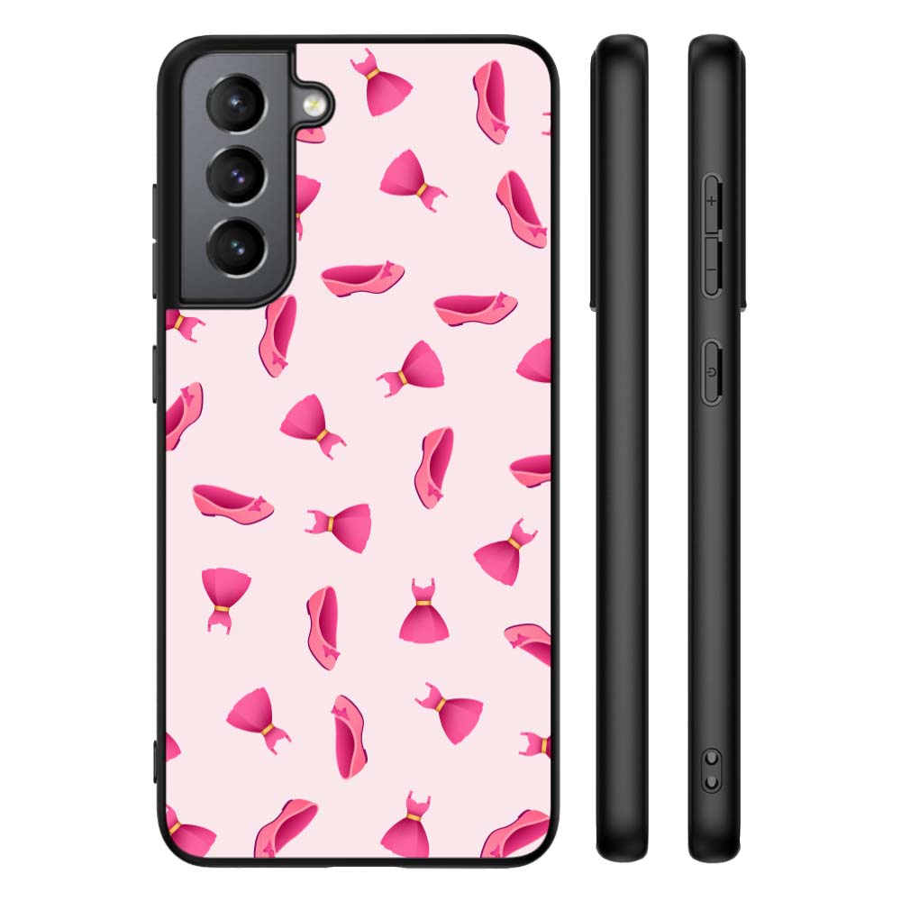 Fotohoesje Galaxy S21 FE Back Cover Ontwerpen met een patroon van roze jurken op een lichte achtergrond.