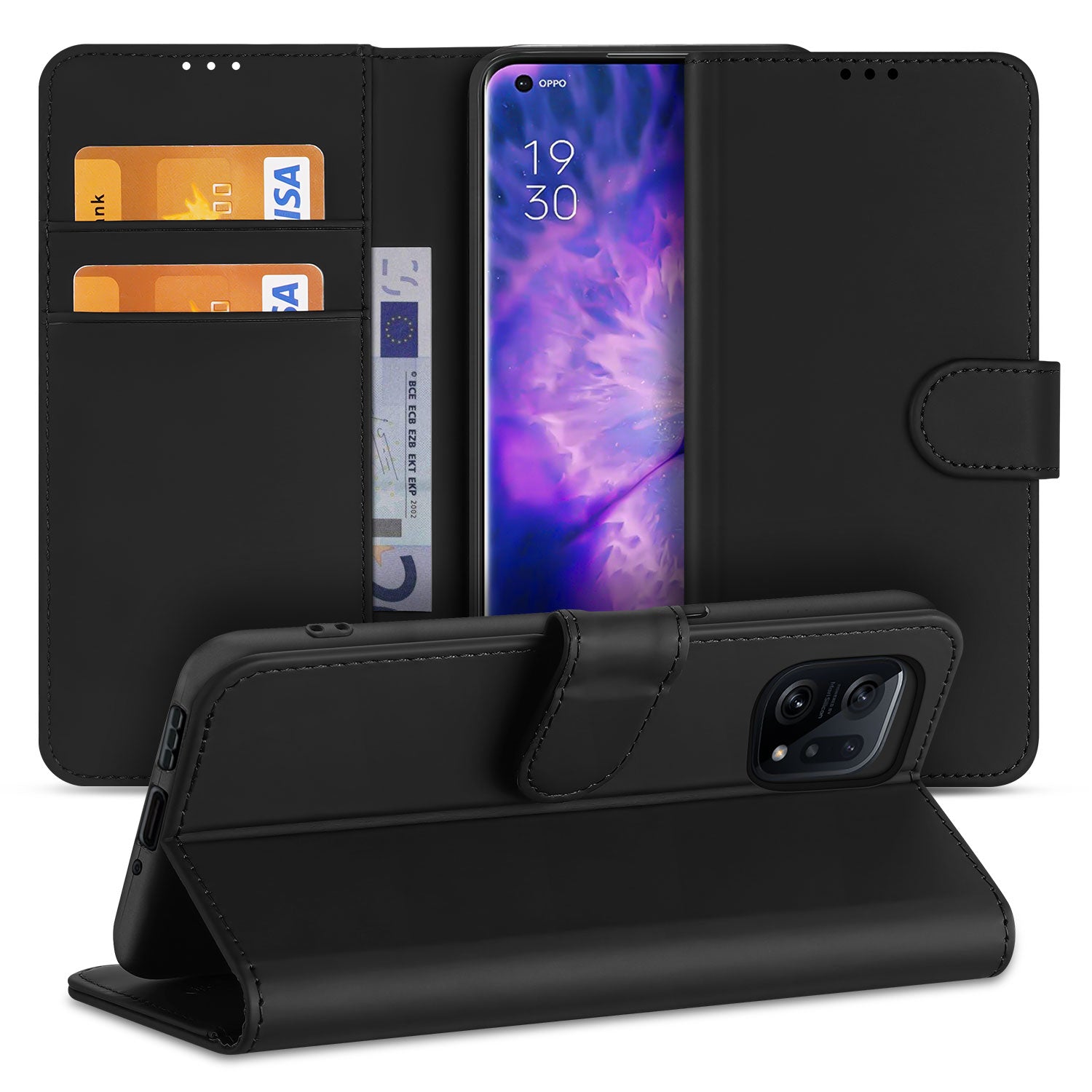 OPPO Find X5 Boekhoesje Zwart met Stand Case en Pasjeshouder