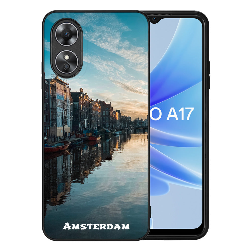Back Cover Hoesje Maken voor de OPPO A17 met Amsterdamse grachten en gebouwen.