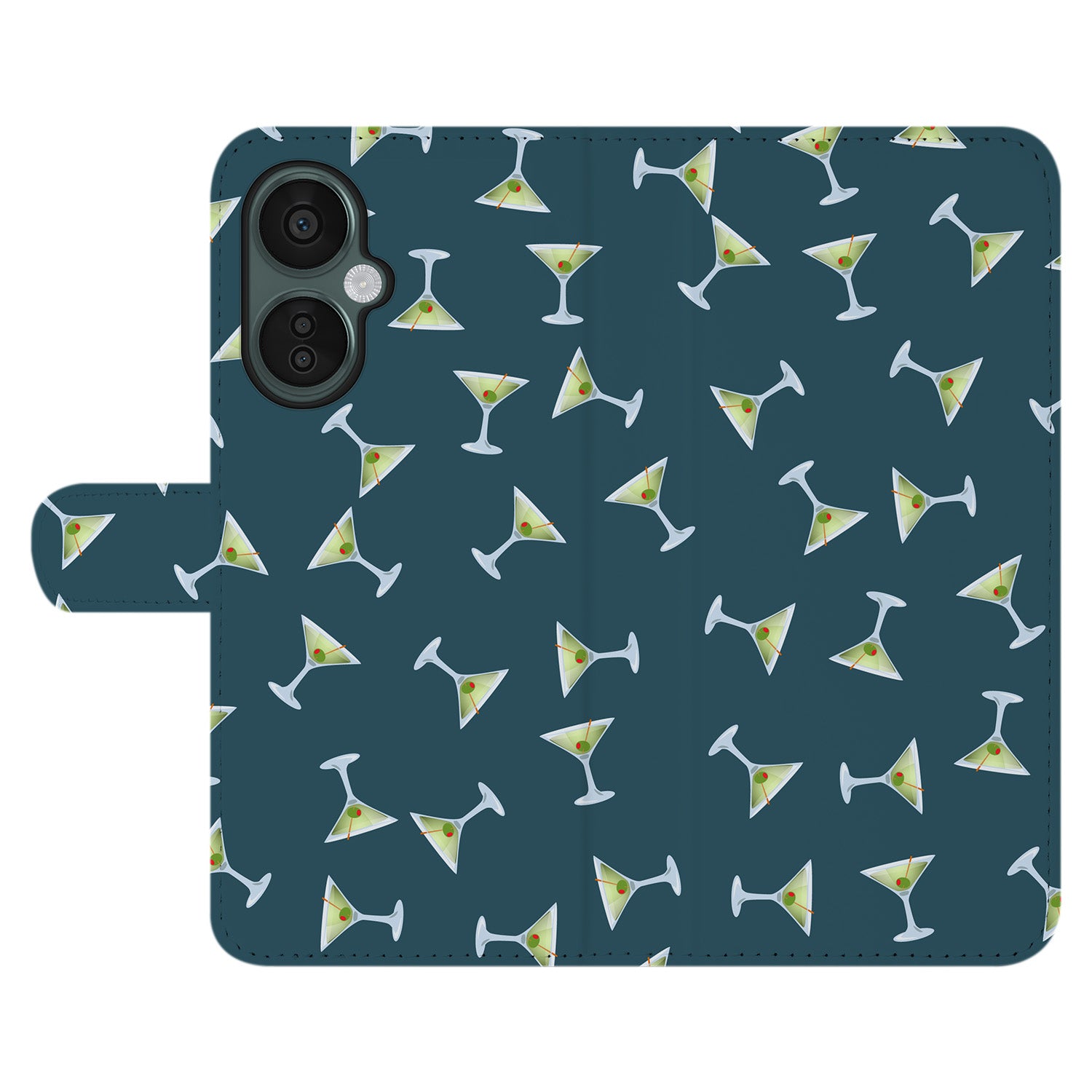 Book Case Hoesje Maken voor de OnePlus Nord CE 3 met martini patroon op een donkerblauwe achtergrond.