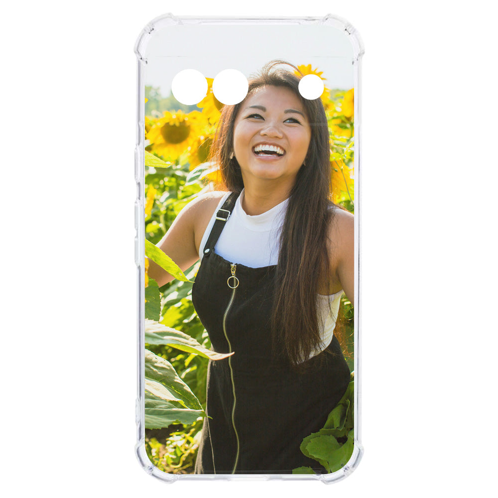 Anti-Shock Back Cover Hoesje Maken voor de Google Pixel 8A met vrolijke vrouw in zonnebloemen.