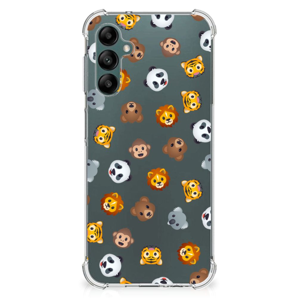 Doorzichtige Silicone Hoesje voor Samsung Galaxy A14 5G/4G Dieren Emojis met diverse dieren emoji's op een grijze achtergrond.