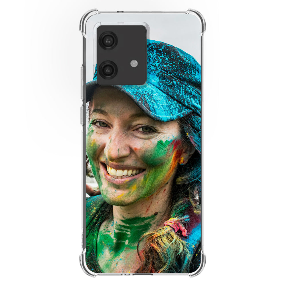 Anti-Shock Back Cover Hoesje Maken Motorola Edge 40 Neo met kleurrijk ontwerp en glimlachende vrouw.