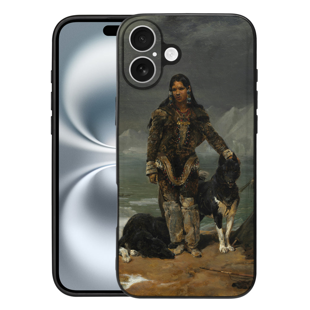 Back Cover Hoesje Maken iPhone 16 met schilderij en honden op de achtergrond.